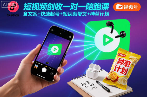 短视频创收一对一陪跑课，含文案+快速起号+短视频带货+种草计划-泡泡网创