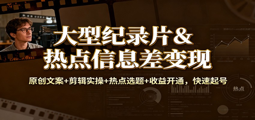 大型纪录片&热点信息差变现：原创文案+剪辑实操+热点选题+收益开通，快速起号-泡泡网创