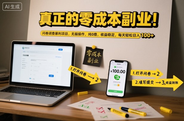 真正的零成本副业！问卷调查暴利项目，无脑操作，纯0撸，收益稳定，每天轻松日入100+【揭秘】-泡泡网创