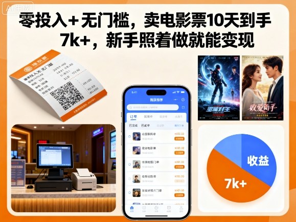 零投入+无门槛，卖电影票10天到手7k+，新手照着做就能变现【揭秘】-泡泡网创