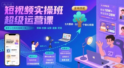 短视频实操班超级运营课，新手小白到短视频大神必修课程，剪辑-拍摄-运营-直播-变现-泡泡网创