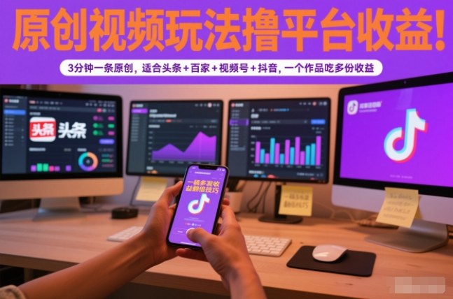 原创视频玩法撸平台收益，3分钟一条原创，适合头条+百家+视频号+抖音，一个作品吃多份收益-泡泡网创