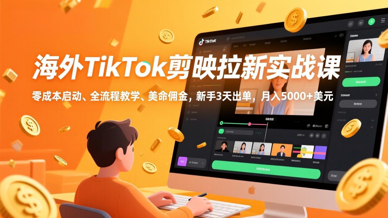 海外TikTok剪映拉新实战课，零成本启动、全流程教学、美金佣金，新手3天出单，月入5000+美元-泡泡网创