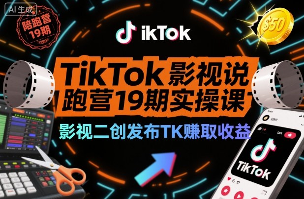 TikTok影视解说陪跑营19期实操课，影视二创发布TK賺取收益，万播收益50美金(更新)-泡泡网创