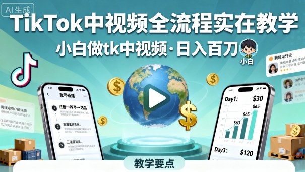 TikTok中视频全流程实操教学，小白做tk中视频，日入百刀-泡泡网创
