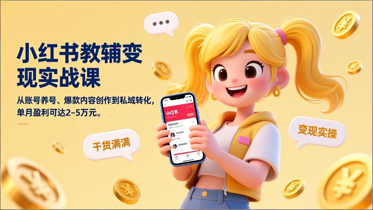 小红书教辅变现实战课，从账号养号、爆款内容创作到私域转化，单月盈利可达2-5万元-泡泡网创