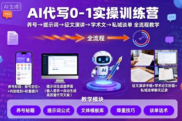AI代写0-1实操训练营，从养号、提示词、征文演讲、学术文，到私域谈单的全流程教学-泡泡网创