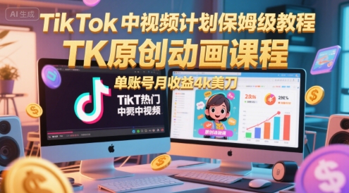TikTok中视频计划保姆级教程，TK原创动画课程，单账号月收益4k美刀-泡泡网创