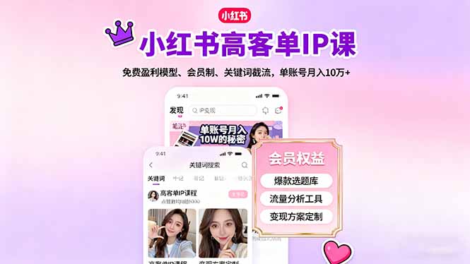 小红书高客单IP课，免费盈利模型、会员制、关键词截流，单账号月入10万+-泡泡网创