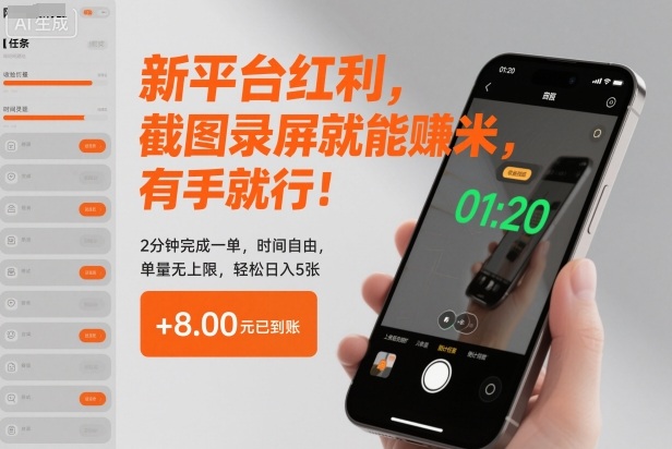 新平台红利，截图录屏就能賺米，有手就行！2分钟完成一单，时间自由，单量无上限，轻松日入5张【揭秘】-泡泡网创