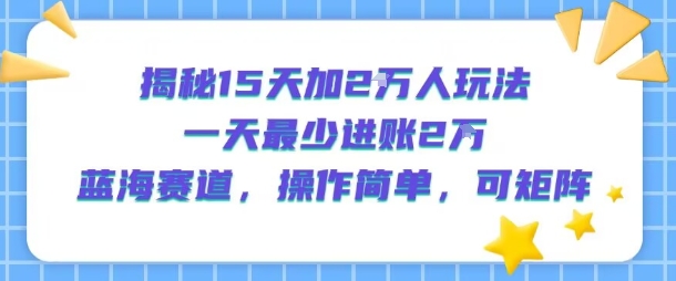 揭秘15天加2W人玩法，一天最少2万进账，蓝海赛道，操作简单，可矩阵-泡泡网创
