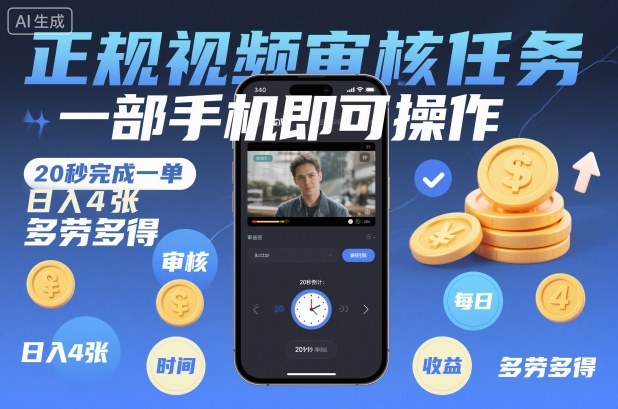 正规视频审核任务，一部手机即可操作，20秒完成一单，日入4张，多劳多得【揭秘】-泡泡网创