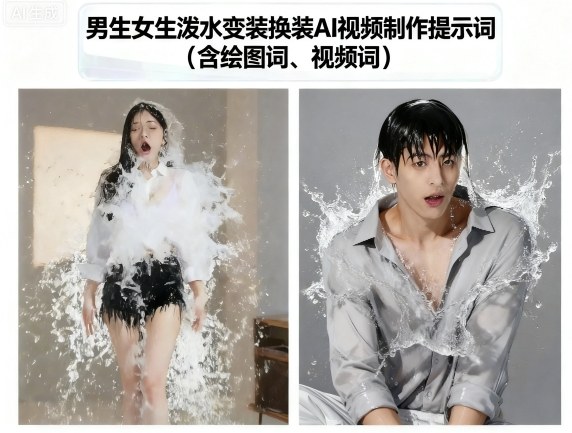 男生女生泼水变装换装AI视频制作提示词(含绘图词、视频词)-泡泡网创