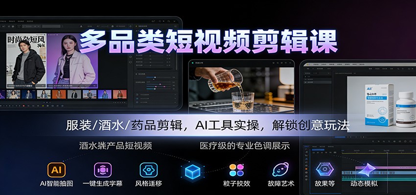 多品类短视频剪辑课：服装/酒水/药品剪辑，AI工具实操，解锁创意玩法-泡泡网创