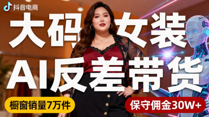 抖音小众赛道，大码女装AI反差带货，不用直播，每天6条作品，橱窗卖7万件，保守佣金30W+-泡泡网创