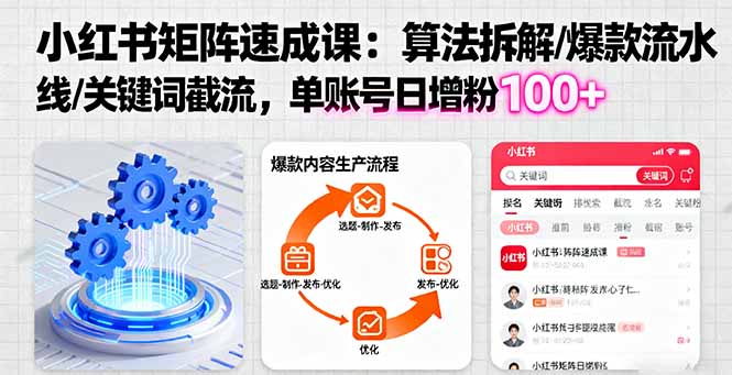 小红书矩阵起号速成课：算法拆解/爆款流水线/关键词截流 单账号日增粉100+-泡泡网创