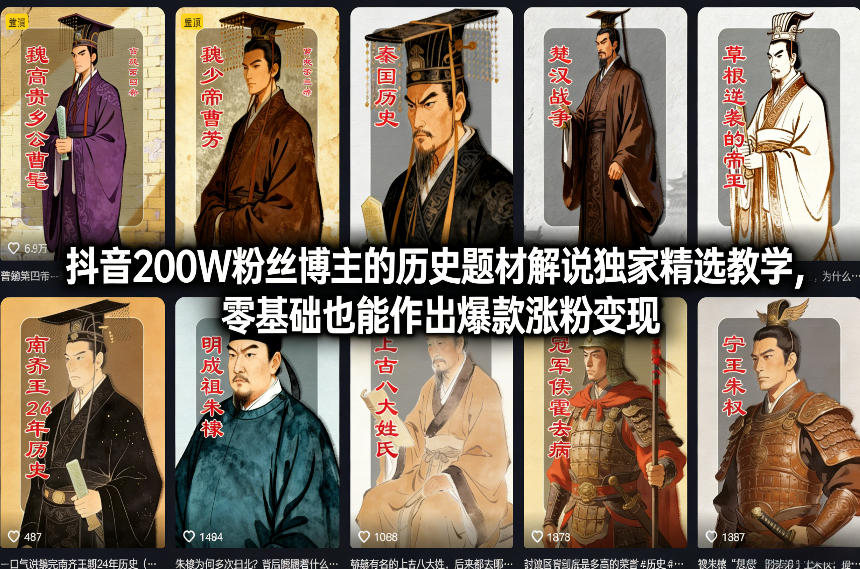 抖音200W粉丝博主的历史题材解说独家精选教学，零基础也能作出爆款涨粉变现-泡泡网创