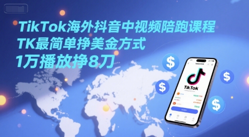 TikTok海外抖音中视频陪跑课程，TK最简单挣美金方式，1万播放挣8刀-泡泡网创