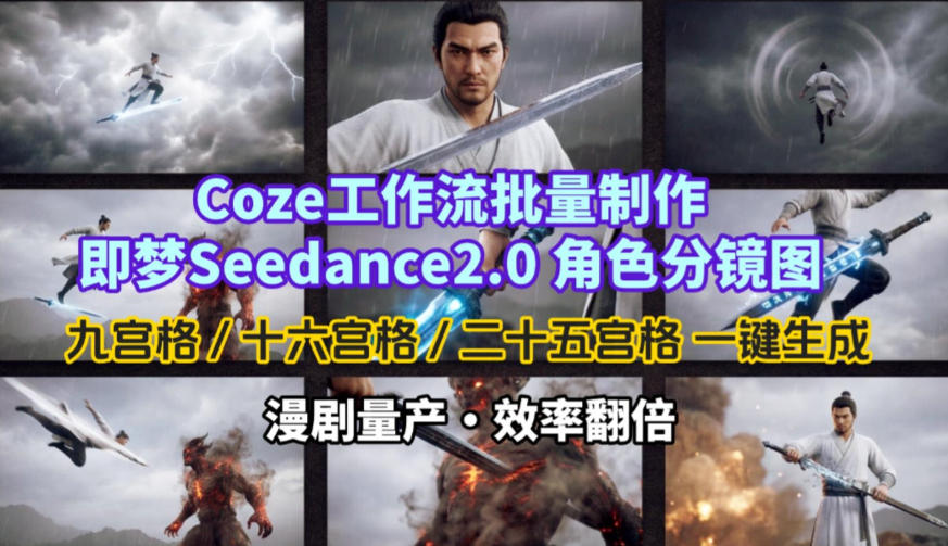 Coze工作流批量制作即梦Seedance2.0角色分镜图，九宫格-十六宫格-二十五宫格一键生成，漫剧量产，效率翻倍-泡泡网创