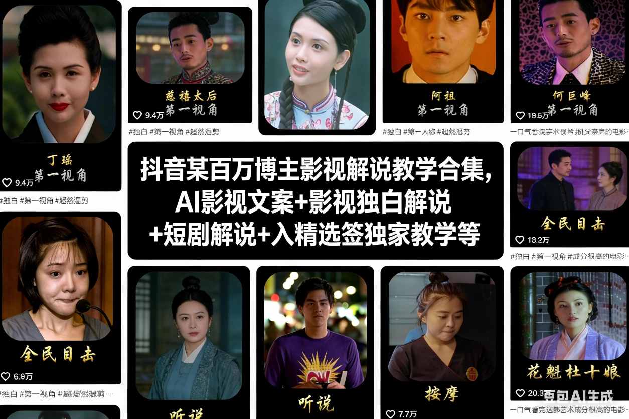 抖音某百万博主影视解说教学合集，AI影视文案+影视独白解说+短剧解说+入精选签独家教学等-泡泡网创