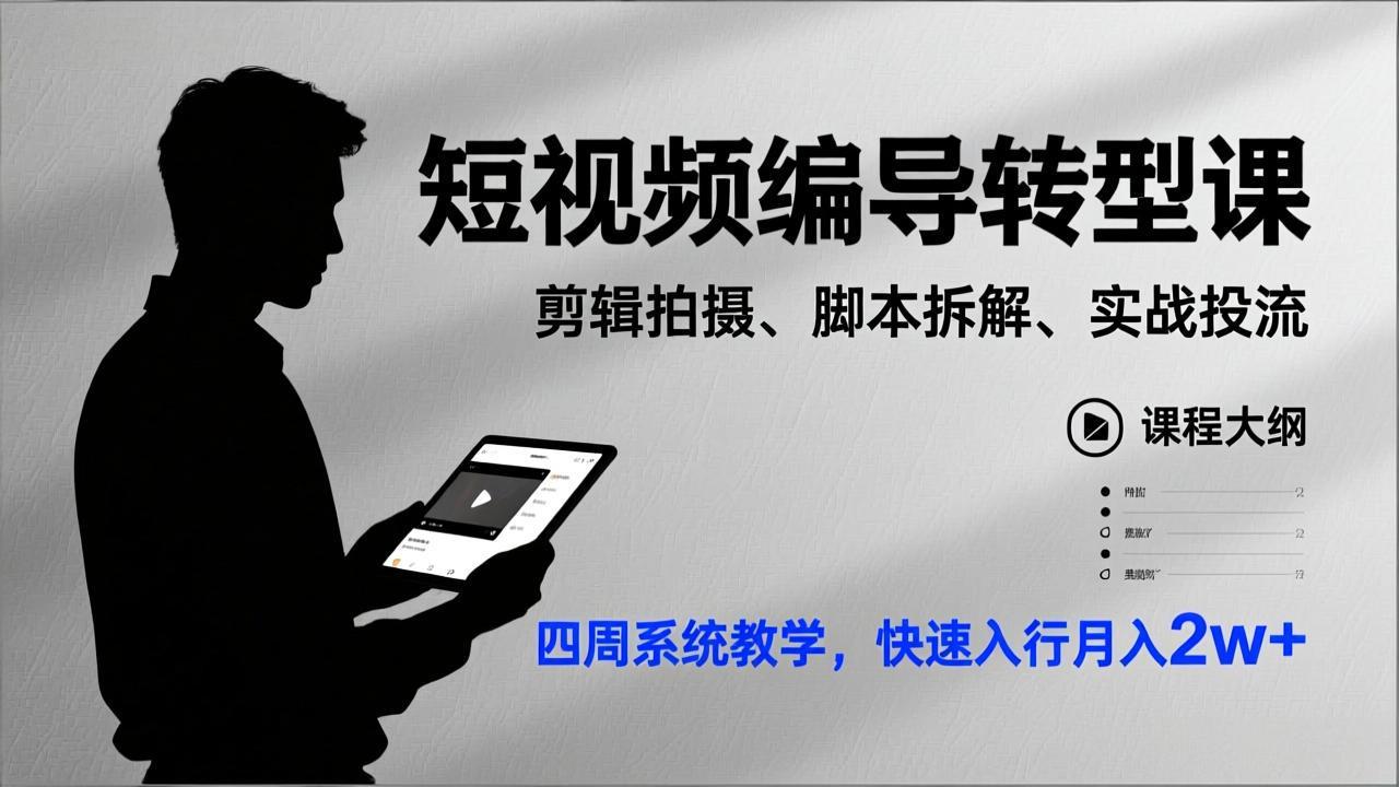 短视频编导转型课，剪辑拍摄、脚本拆解、实战投流，四周系统教学，快速入行月入2w+-泡泡网创