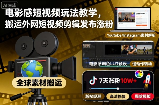 电影感短视频玩法教学，搬运外网短视频剪辑发布涨粉-泡泡网创