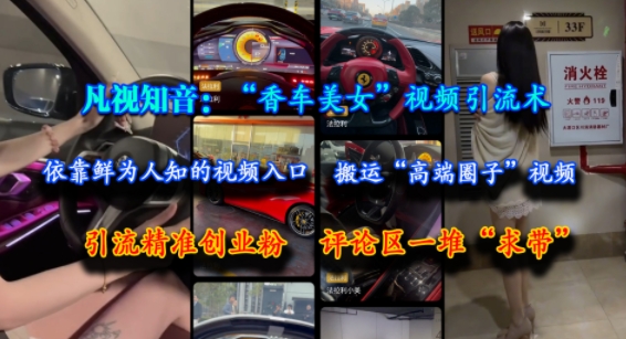 凡视知音：“香车美女”视频引流术，依靠鲜为人知的视频入口，搬运“高端圈子”视频，引流精准创业粉，评论区一堆“求带”-泡泡网创