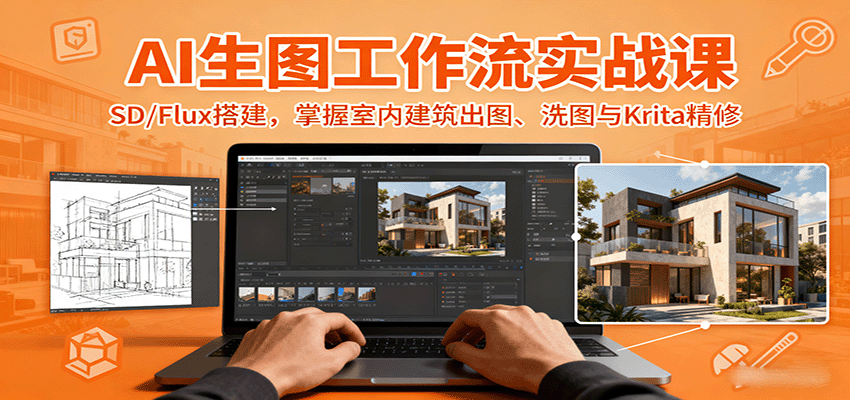 AI生图工作流实战课：SD/Flux搭建，掌握室内建筑出图、洗图与Krita精修-泡泡网创