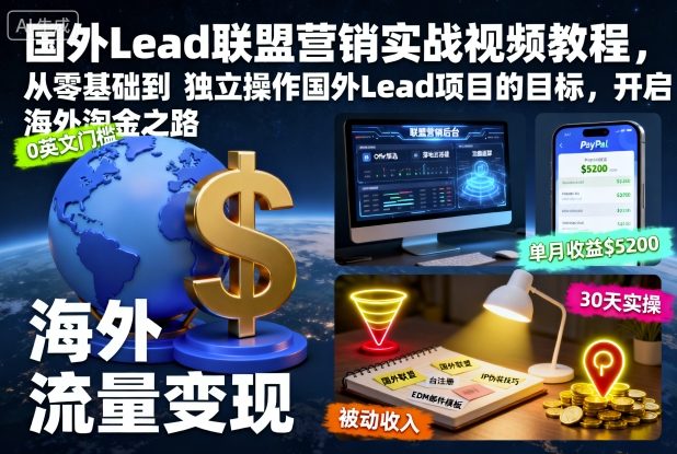 国外Lead联盟营销实战视频教程，从零基础到独立操作国外Lead项目的目标，开启海外淘金之路-泡泡网创