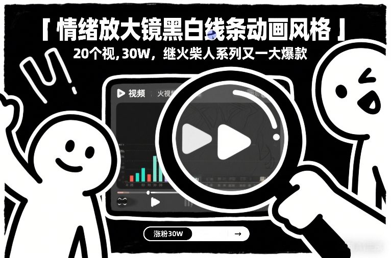 情绪放大镜黑白线条动画风格，20个视频，涨粉30W，继火柴人系列又一大爆款-泡泡网创