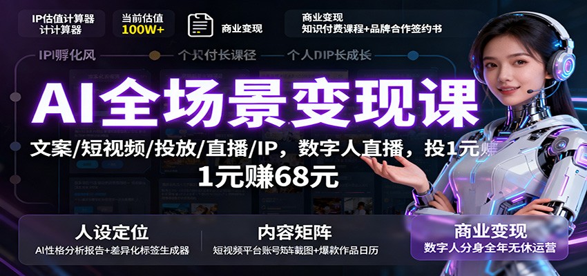 AI全场景变现课：文案/短视频/投放/直播/IP，数字人直播，投1元赚68元-泡泡网创