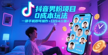 抖音男粉项目0成本玩法，一部手机即可操作，日均4张+，时间自由-泡泡网创