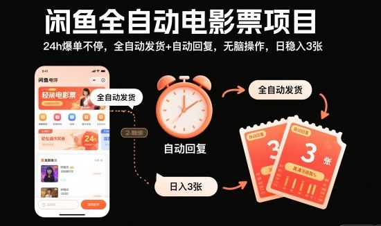 闲鱼全自动电影票项目，24h爆单不停，全自动发货+自动回复，无脑操作，日稳入3张【揭秘】-泡泡网创