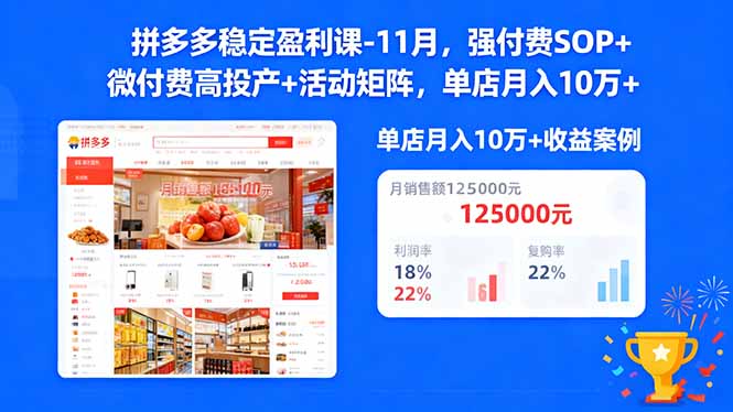 拼多多稳定盈利课-11月，强付费SOP+微付费高投产+活动矩阵，单店月入10万+-泡泡网创