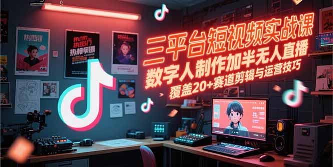 三平台短视频实战课，数字人制作加半无人直播，覆盖20+赛道剪辑与运营技巧-泡泡网创