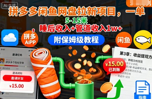 拼多多闲鱼网盘拉新项目，一单5-15米，睡后收入+管道收入1w+(附保姆级教程)-泡泡网创