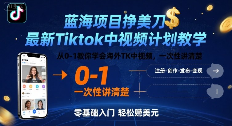 蓝海项目挣美刀，最新Tiktok中视频计划教学，从0-1教你学会海外TK中视频，一次性讲清楚-泡泡网创