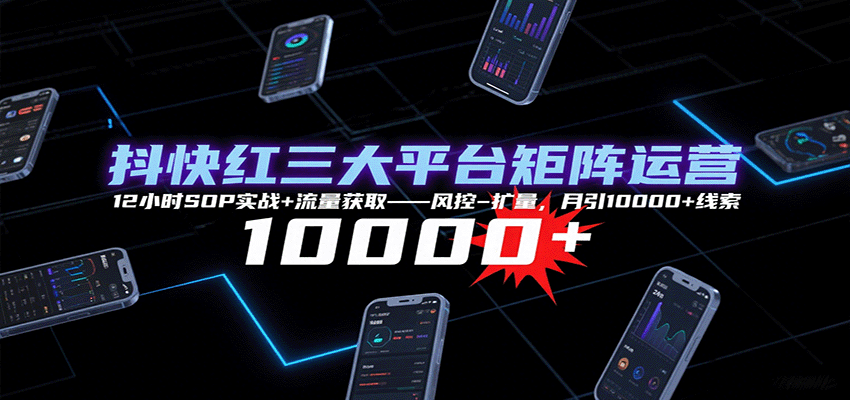 抖快红三大平台矩阵运营，12小时SOP实战+流量获取-风控-扩量，月引10000+线索-泡泡网创