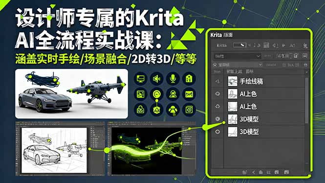 设计师专属的Krita AI全流程实战课：涵盖实时手绘/场景融合/2D转3D/等等-泡泡网创