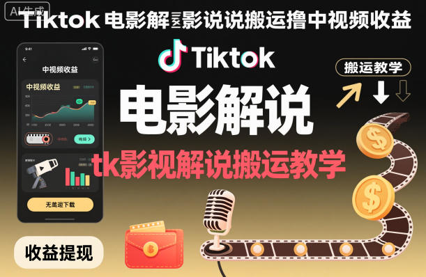 Tiktok电影解说搬运撸中视频收益，tk影视解说搬运教学-泡泡网创
