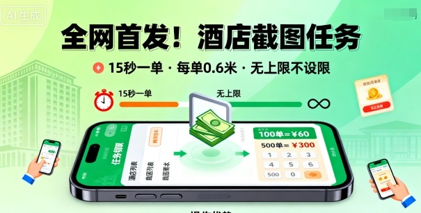 全网首发！酒店截图任务，15秒一单，每单0.6米，任务无上限不设限，矩阵操作单日3张到手【揭秘】-泡泡网创