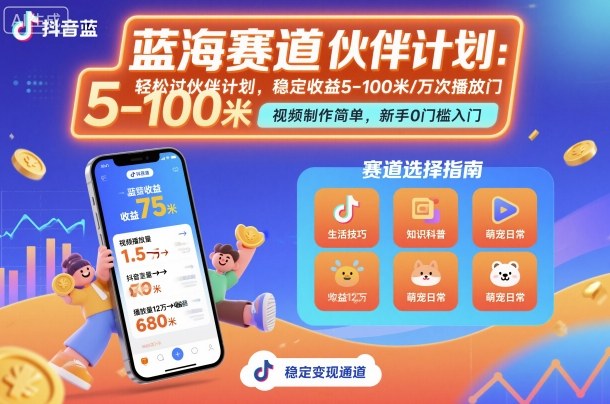 抖音蓝海赛道，轻松过伙伴计划，视频制作简单，万次播放收益在5-100米，稳定收益-泡泡网创