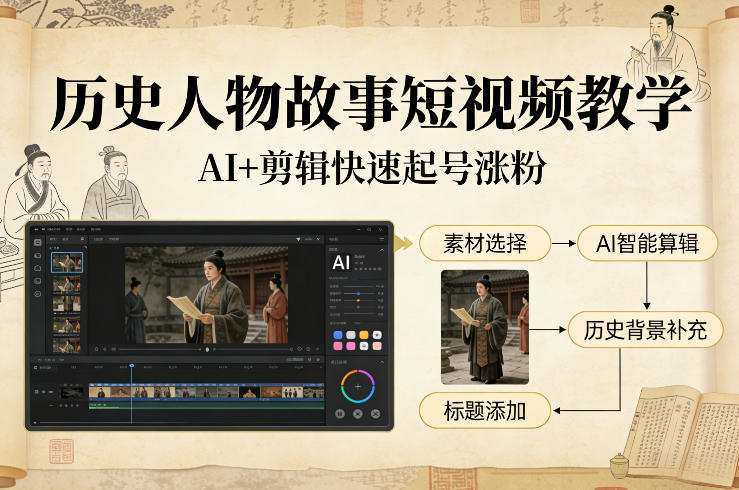 历史人物故事短视频教学，AI+剪辑制作历史人物题材短视频，快速起号涨粉-泡泡网创