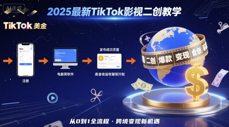 2025年最新TikTok影视二创教学，从注册到发布撸美金全流程，跨境变现新机遇-泡泡网创