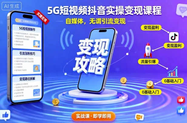 5G短视频抖音实操变现课程，自媒体，无谓引流变现-泡泡网创