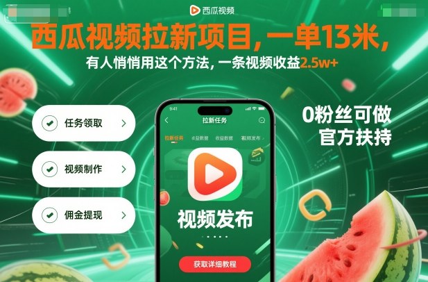 西瓜视频拉新项目，一单13米，有人悄悄用这个方法，一条视频收益2.5w+(附详细教程)-泡泡网创