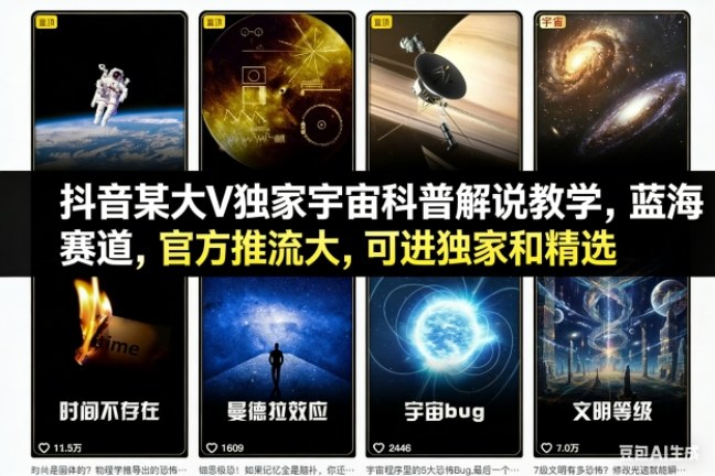 抖音某大V独家宇宙科普解说教学，蓝海赛道，官方推流大，可进独家和精选-泡泡网创