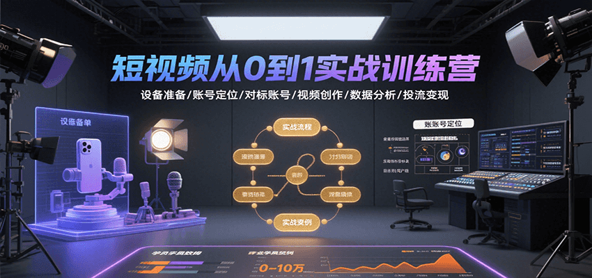 短视频从0到1实战训练营：设备准备/账号定位/对标账号/视频创作/数据分析/投流变现-泡泡网创