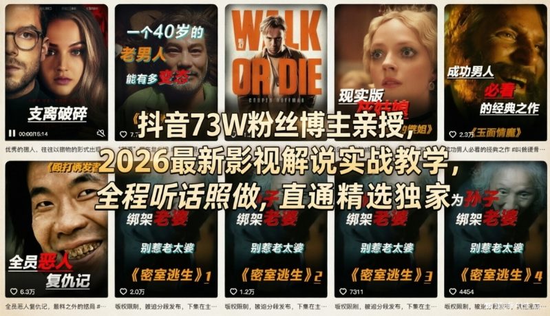 抖音73W粉丝博主亲授，2026最新影视解说实战教学，全程听话照做，直通精选独家-泡泡网创