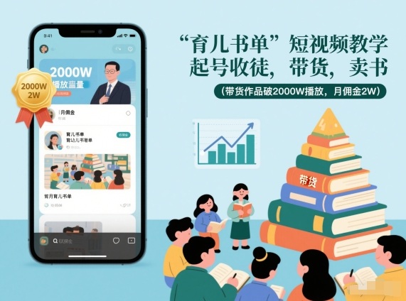 育儿书单短视频教学，起号收徒，带货，卖书(带货作品破2000W播放，月佣金2W)-泡泡网创